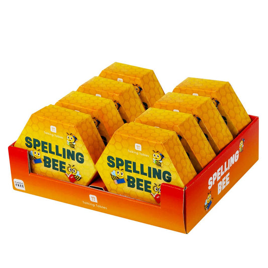 A box of 'Spelling Bee' kids game cards with bee-themed packaging.